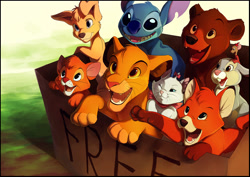 Size: 934x662 | Tagged: safe, artist:tamberella, angel (lady and the tramp), jaq (cinderella), koda (brother bear), marie (the aristocats), oliver (oliver & company), simba (the lion king), stitch (lilo & stitch), thumper (bambi), tod (the fox and the hound), alien, bear, canine, cat, dog, experiment (lilo & stitch), feline, fictional species, fox, lagomorph, lion, mammal, mouse, mutt, rabbit, red fox, rodent, vulpine, feral, semi-anthro, bambi (film), brother bear, cinderella (disney), disney, lady and the tramp, lilo & stitch, oliver & company, the aristocats, the fox and the hound, the lion king, 2011, 2d, box, cardboard box, crossover, cute, female, grass, group, happy, kitten, male, murine, on model, open mouth, open smile, paws, puppy, shadow, smiling, wholesome, young