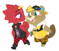 Size: 700x600 | Tagged: safe, artist:drchibster, c.j. (animal crossing), flick (animal crossing), beaver, chameleon, lizard, mammal, reptile, anthro, animal crossing, animal crossing: new horizons, nintendo, 2020, 2d, bracelet, click (animal crossing), clothes, collar, double outline, duo, duo male, hand hold, happy, holding, jewelry, looking at each other, male, male/male, males only, open mouth, open smile, purple eyes, shipping, shoes, smiling, tail, teal eyes