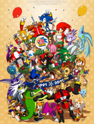 Size: 2200x2875 | Tagged: dead source, safe, artist:syaming-li, amy rose (sonic), big the cat (sonic), blaze the cat (sonic), chaos (sonic), charmy bee (sonic), cheese (sonic), chip (sonic), cream the rabbit (sonic), doctor eggman (sonic), e-102 gamma (sonic), e-123 omega (sonic), emerl (sonic), espio the chameleon (sonic), froggy (sonic), jet the hawk (sonic), knuckles the echidna (sonic), marine the raccoon (sonic), metal sonic (sonic), miles "tails" prower (sonic), rouge the bat (sonic), shadow the hedgehog (sonic), silver the hedgehog (sonic), sonic the hedgehog (sonic), storm the albatross (sonic), tikal the echidna (sonic), vector the crocodile (sonic), wave the swallow (sonic), albatross, ambiguous species, amphibian, arthropod, badnik, bee, bird, bird of prey, canine, cat, chameleon, chao, crocodile, crocodilian, dog, echidna, feline, fictional species, fox, frog, gizoid (sonic), hawk, hedgehog, human, insect, lagomorph, lizard, mammal, monotreme, petrel, rabbit, raccoon, red fox, reptile, robot, songbird, swallow, anthro, feral, humanoid, plantigrade anthro, semi-anthro, sega, sonic battle, sonic riders, sonic rush adventure, sonic the hedgehog (series), sonic unleashed, amber eyes, anniversary, anniversary art, anniversary special, babylon rogues (sonic), balloon, bedroom eyes, belt, black sclera, blobfeet, blue eyes, blue eyeshadow, blue gem, bomber jacket, boots, bottomwear, cake, candle, chain, chaotix (sonic), clothes, collar only, colored sclera, countershade torso, cute, cyan eyes, deity, digital art, dipstick tail, dress, english text, female, fluff, front view, fur, gloves, green body, green eyes, green skirt, group, headband, headphones, high res, jacket, jewelry, large group, lavender fur, lavender tail, looking at you, male, metal, multiple tails, mutant, neckwear only, nudity, open mouth, orange dress, orange eyes, orange shoes, orange tail, partial nudity, phone, pink wings, pose, pupils, purple eyes, quills, rear view, red eyes, red tail, shoes, shoes only, skirt, standing, tail, tail fluff, text, three-quarter view, tongue, topwear, two tails, wall of tags, white countershading, white eyes, white heels, white inner ear, white tail, wings, yellow eyes