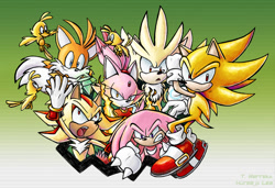Size: 671x460 | Tagged: safe, artist:kureejiilea, artist:tbarrett, blaze the cat (sonic), knuckles the echidna (sonic), miles "tails" prower (sonic), shadow the hedgehog (sonic), silver the hedgehog (sonic), sonic the hedgehog (sonic), bird, canary, canine, cat, echidna, feline, fictional species, flicky (sonic), fox, hedgehog, mammal, monotreme, red fox, songbird, vulpine, anthro, feral, plantigrade anthro, sega, sonic the hedgehog (series), 2008, blue eyes, burning blaze, clothes, digital art, dress, female, fluff, gloves, group, hyper knuckles, male, multiple tails, on model, ponytail, purple eyes, quills, red eyes, red tail, shoes, signature, super form, super shadow, super silver, super sonic, super tails, tail, two tails