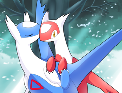 Size: 2496x1894 | Tagged: safe, artist:czyber, fictional species, latias, latios, legendary pokémon, feral, nintendo, pokémon, 2013, duo, duo male and female, eyes closed, female, high res, kissing, male, male/female, on model, shipping, snow, surprised, tree