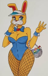 Size: 964x1524 | Tagged: suggestive, artist:wrath0jumneyman, zipper t. bunny (animal crossing), lagomorph, mammal, rabbit, anthro, animal crossing, nintendo, 2020, basket, bow tie, breasts, bunny suit, cleavage, clothes, cuffs (clothes), cyan eyes, easter, easter egg, female, fishnet, hat, legwear, nudity, see-through, solo, solo female, tights, traditional art, waving