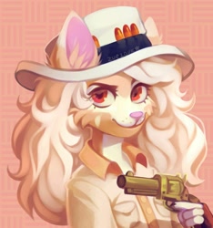 Size: 1280x1366 | Tagged: species needed, safe, artist:zvezduk, oc, oc only, mammal, anthro, 2020, abstract background, bullet, bust, clothes, commission, ear fluff, female, fluff, gun, handgun, hat, looking at you, red eyes, revolver, signature, smiling, solo, solo female, weapon