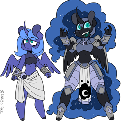 Size: 1500x1500 | Tagged: dead source, safe, artist:inkystarz, nightmare moon (mlp), princess luna (mlp), alicorn, equine, fictional species, mammal, pony, anthro, friendship is magic, hasbro, my little pony, 1:1, 2017, anthrofied, armor, bottomwear, bracer, clothes, colored sclera, curved horn, duo, fangs, feathered wings, female, hooves, horn, loincloth, looking at you, midriff, skirt, slit pupils, spread wings, teal eyes, wings