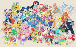 Size: 1600x1000 | Tagged: safe, artist:でりみ子, angel (lilo & stitch), chip (disney), clara cluck (disney), clarabelle cow (disney), clarice (disney), daisy duck (disney), dale (disney), dewey duck (disney), donald duck (disney), experiment 627 (lilo & stitch), felix (lilo & stitch), fiddler pig (disney), fifer pig (disney), frenchfry (lilo & stitch), gantu (lilo & stitch), goofy (disney), horace horsecollar (disney), huey duck (disney), jacques von hämsterviel (lilo & stitch), josé carioca (disney), jumba jookiba (lilo & stitch), lilo pelekai (lilo & stitch), louie duck (disney), mickey mouse (disney), mike wazowski (monsters inc.), minnie mouse (disney), panchito pistoles (disney), phantasmo (lilo & stitch), pj (lilo & stitch), pluto (disney), practical pig (disney), reuben (lilo & stitch), sample (lilo & stitch), scrump (lilo & stitch), sparky (lilo & stitch), stitch (lilo & stitch), swirly (lilo & stitch), terk (tarzan), timon (the lion king), wendy pleakley (lilo & stitch), yin (lilo & stitch), alien, ape, bird, canine, cattle, chicken, chipmunk, dog, duck, equine, experiment (lilo & stitch), fictional species, galliform, gorilla, horse, human, kweltikwan, mammal, meerkat, mouse, parrot, pig, plorgonarian, primate, rodent, shaelik, suid, waterfowl, anthro, digitigrade anthro, feral, humanoid, plantigrade anthro, semi-anthro, unguligrade anthro, disney, lilo & stitch, mickey and friends, monsters inc., pixar, tarzan (disney franchise), the lion king, the three caballeros, the three little pigs (disney), 2012, aloha shirt, anniversary, cake, child, clothes, cowbell, crossover, doughnut, female, food, glasses, groucho glasses, group, hooves, large group, lei, male, murine, one eye, one eye closed, paintbrush, ragdoll, rooster, sandwich, shaka, sunglasses, topwear, wall of tags, winking, young