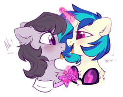 Size: 552x435 | Tagged: suggestive, artist:mirtash, octavia melody (mlp), vinyl scratch (mlp), earth pony, equine, fictional species, mammal, pony, unicorn, feral, friendship is magic, hasbro, my little pony, 2020, bedroom eyes, blushing, bow tie, bust, chest fluff, clothes, colored pupils, dialogue, duo, female, female/female, feral/feral, fluff, glasses, glowing, glowing horn, heart, heart eyes, horn, kissing, lidded eyes, low res, magic, mare, saliva, saliva trail, scratchtavia (mlp), shipping, simple background, speech bubble, sunglasses, talking, telekinesis, tongue, tongue out, white background, wingding eyes