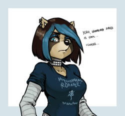 Size: 1290x1199 | Tagged: safe, artist:ricksteubens, ami bandicoot (crash bandicoot), bandicoot, mammal, marsupial, anthro, crash bandicoot (series), my chemical romance, the black parade, blue eyes, breasts, bust, choker, clothes, dialogue, digital art, ear piercing, earring, emo, english text, eyebrow clipping through hair, eyebrow through hair, eyebrows, eyebrows visible through hair, eyeshadow, female, frowning, looking at you, makeup, piercing, shirt, simple background, solo, solo female, t-shirt, talking, text, text on clothing, text on shirt, text on topwear, topwear, undershirt, white background