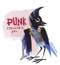 Size: 1280x1391 | Tagged: safe, artist:bedupolker, part of a set, bird, corvid, jay, songbird, stellar's jay, feral, 2018, ambiguous gender, black eyes, clothes, digital art, english text, feathered wings, jacket, leather jacket, looking at you, mohawk, punk, signature, simple background, skateboard, solo, solo ambiguous, tail, text, topwear, white background, wings
