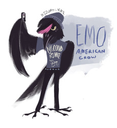 Size: 1280x1391 | Tagged: safe, artist:bedupolker, part of a set, american crow, bird, corvid, crow, songbird, feral, my chemical romance, 2018, ambiguous gender, beanie, belt, black eyes, cell phone, clothes, digital art, emo, emo hair, english text, feathered wings, hair, hat, shirt, signature, simple background, solo, solo ambiguous, t-shirt, tail, text, text on clothing, text on shirt, text on topwear, topwear, white background, wing hold, wings