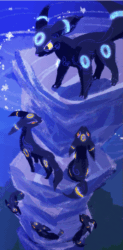Size: 421x854 | Tagged: safe, artist:bedupolker, eeveelution, fictional species, mammal, shiny pokémon, umbreon, feral, nintendo, pokémon, 2014, ambiguous gender, animated, colored sclera, digital art, gif, glowing, group, tail