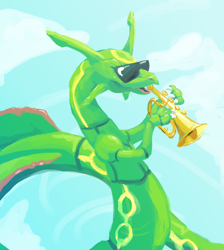 Size: 1224x1368 | Tagged: safe, artist:bedupolker, fictional species, legendary pokémon, rayquaza, feral, nintendo, pokémon, 2014, ambiguous gender, claw hold, digital art, glasses, holding, musical instrument, sky, solo, solo ambiguous, sunglasses, trumpet