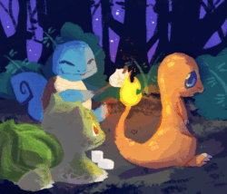 Size: 648x555 | Tagged: safe, artist:bedupolker, amphibian, bulbasaur, charmander, fictional species, reptile, salamander, squirtle, turtle, feral, nintendo, pokémon, 2014, 2d, 2d animation, ambiguous gender, animated, digital art, eyes closed, fire, food, forest, gif, group, happy, marshmallow, night, night sky, open mouth, sitting, sky, smiling, starter pokémon, tail, tree, trio