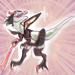 Size: 1280x1284 | Tagged: safe, artist:bedupolker, ryuko matoi (kill la kill), dinosaur, raptor, theropod, velociraptor, feral, kill la kill, 2016, abstract background, ambiguous gender, blue eyes, bottomwear, claw hold, claws, clothes, cosplay, digital art, fangs, holding, open mouth, skirt, slit pupils, solo, solo ambiguous, tail