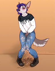 Size: 773x1000 | Tagged: character needed, suggestive, artist:chewycuticle, oc, oc only, aardwolf, hyena, mammal, anthro, plantigrade anthro, blushing, boots, bottomwear, bridge piercing, brown background, clothes, digital art, ear piercing, female, grabbing crotch, jeans, long sleeves, omorashi, pants, piercing, pissing, red eyes, ripped jeans, shirt, shoes, signature, simple background, solo, solo female, tail, topwear, urine, wetting
