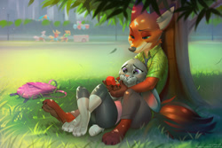 Size: 1180x786 | Tagged: safe, artist:miles-df, judy hopps (zootopia), nick wilde (zootopia), canine, fox, lagomorph, mammal, rabbit, red fox, vulpine, anthro, digitigrade anthro, disney, zootopia, 2019, anthro/anthro, backpack, claws, clothes, crying, cute, duo, duo male and female, emotional, female, fluff, grass, green eyes, head fluff, holding, interspecies, looking at something, lying down, male, male x female, male/female, marriage proposal, purple eyes, ring, scenery, scenery porn, shipping, sitting, tail, tree, wholesome, wildehopps (zootopia)