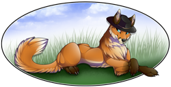 Size: 1200x610 | Tagged: safe, artist:gard3r, oc, oc only, oc:khaos, canine, fox, mammal, red fox, vulpine, feral, 2016, blue eyes, claws, clothes, cloud, crossed arms, ear fluff, fluff, fluffy, fluffy tail, grass, hat, lying down, male, paws, sky, smiling, solo, solo male, tail