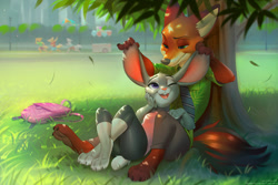 Size: 1180x786 | Tagged: safe, artist:miles-df, judy hopps (zootopia), nick wilde (zootopia), canine, fox, lagomorph, mammal, rabbit, red fox, anthro, disney, zootopia, 2019, anthro/anthro, backpack, bag, claws, clothes, duo, duo focus, duo male and female, female, fluff, grass, green eyes, head fluff, holding, interspecies, looking at each other, lying down, male, male/female, one eye closed, open mouth, paw hold, playful, purple eyes, scenery, scenery porn, shipping, sitting, smiling, tail, tree, wildehopps (zootopia)