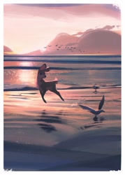 Size: 1024x1434 | Tagged: safe, artist:itsdanfango, oc, oc only, oc:ansel, bird, cervid, deer, mammal, seagull, feral, 2019, beach, cloud, flying, hooves, looking back, male, prancing, reflection, scenery, scenery porn, solo, solo focus, solo male, sunset