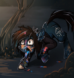 Size: 1339x1399 | Tagged: dead source, safe, artist:lonerdemiurge, earth pony, equine, fictional species, mammal, pony, undead, zombie, zombie pony, feral, bring me the horizon, friendship is magic, hasbro, my little pony, oliver sykes, 2019, blood, blue fur, bone, brown eyes, brown hair, brown mane, brown tail, clothes, commission, cutie mark, digital art, dripping blood, emo, fangs, forest, fur, hair, hooves, long sleeves, male, mane, open mouth, ponified, rainbow blood, scar, shirt, solo, solo male, stallion, stitches, tail, tattoo, topwear, torn ear, tree, ych result