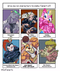 Size: 2058x2458 | Tagged: species needed, safe, artist:redsilver, lola bunny (looney tunes), marie itami (bna), mrs. hudson (sherlock hound), princess what's-her-name (earthworm jim), unikitty (lego), arthropod, cat, elf, equine, feline, fictional species, hybrid, insect, mammal, unicorn, anthro, humanoid, six fanarts, bna: brand new animal, earthworm jim, lego, looney tunes, sherlock hound (series), space jam, the dragon prince, the lego movie, unikitty! (series), warner brothers, 2020, abs, basketball, clothes, crossover, ear piercing, earring, female, group, high res, male, muscles, one eye closed, phone, piercing, rayla (the dragon prince), sports, winking