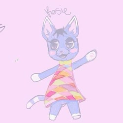 Size: 419x419 | Tagged: safe, artist:morbidfawn, rosie (animal crossing), cat, feline, mammal, anthro, animal crossing, nintendo, 1:1, 2020, blushing, clothes, dress, female, gray eyes, low res, pink background, simple background, solo, solo female, tail, waving