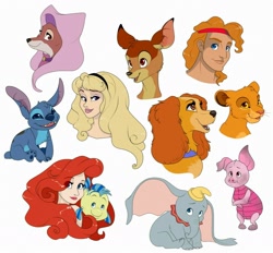 Size: 1280x1186 | Tagged: safe, artist:sugarcup91, ariel (the little mermaid), bambi (bambi), dumbo (character), flounder (the little mermaid), hercules (disney character), lady (lady and the tramp), maid marian (robin hood), piglet (winnie-the-pooh), princess aurora (sleeping beauty), simba (the lion king), stitch (lilo & stitch), alien, big cat, canine, cervid, cocker spaniel, deer, dog, elephant, experiment (lilo & stitch), feline, fictional species, fish, fox, human, hybrid, lion, mammal, mermaid, mule deer, pig, red fox, spaniel, suid, anthro, feral, humanoid, semi-anthro, bambi (film), disney, dumbo (film), hercules (disney), lady and the tramp, lilo & stitch, robin hood (disney), sleeping beauty (disney), the lion king, the little mermaid (disney), winnie-the-pooh, 2018, big ears, blonde, bust, clothes, crossover, demigod, dirty, ears, eye through hair, eyebrow through hair, eyebrows, group, hair, hat, knock-kneed, looking at you, looking up, male, open mouth, open smile, portrait, red hair, sitting, smiling, standing, tail, ungulate, whiskers