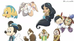 Size: 1560x873 | Tagged: safe, artist:kurokuma824, chip (disney), cogsworth (beauty and the beast), dale (disney), flounder (the little mermaid), gideon (pinocchio), mickey mouse (disney), miss bunny (bambi), pinocchio (character), princess jasmine (aladdin), thumper (bambi), animate machine, animate object, cat, chipmunk, feline, fictional species, fish, human, lagomorph, mammal, mouse, rabbit, rodent, anthro, feral, humanoid, semi-anthro, aladdin (disney franchise), bambi (film), beauty and the beast, disney, mickey and friends, pinocchio (disney), the little mermaid (disney), 2016, acorn, black hair, clock, clothes, eyes closed, female, fins, green eyes, group, hand hold, hat, holding, looking at you, male, puppet, simple background, tail, white background