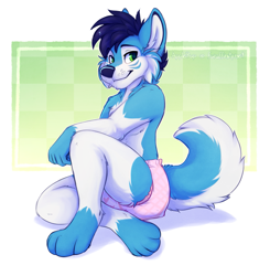 Size: 1169x1191 | Tagged: suggestive, artist:applepup, oc, oc only, canine, dog, husky, mammal, anthro, abstract background, diaper, diaper fetish, digital art, fluffy tail, green eyes, male, paws, signature, sitting, solo, solo male, tail