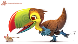 Size: 948x538 | Tagged: safe, artist:cryptid-creations, bird, dinosaur, hybrid, keel-billed toucan, mammal, mouse, raptor, rodent, theropod, toucan, feral, 2016, ambiguous gender, beak, brown eyes, chasing, claws, digital art, duo, fangs, feathers, murine, open beak, open mouth, shadow, short tail, simple background, tail, teeth, watermark, white background