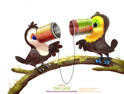 Size: 900x679 | Tagged: safe, artist:cryptid-creations, bird, keel-billed toucan, toco toucan, toucan, feral, 2019, ambiguous gender, black eyes, blue eyes, can, digital art, duo, pun, simple background, tail, text, tree, visual pun, watermark, white background