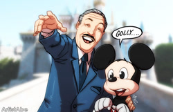 Size: 600x389 | Tagged: safe, artist:artistabe, mickey mouse (disney), human, mammal, mouse, anthro, disney, disney parks, disneyland, mickey and friends, walt disney, 2015, blurred background, clothes, duo, duo male, low res, male, males only, pointing, pointing at you, sleeping beauty castle, suit, watermark