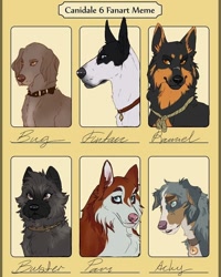 Size: 774x968 | Tagged: character needed, oc needed, safe, artist:celkatoad, oc, oc only, canine, dog, english setter, german shepherd, great dane, husky, mammal, terrier, feral, six fanarts, 2020, amber eyes, ambiguous gender, blue eyes, bust, collar, crossover, fluff, fluffy, group, purple eyes, text