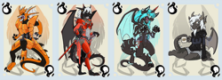 Size: 600x216 | Tagged: safe, artist:bluekite, artist:sky-railroad, oc, oc only, oc:levie, oc:lux arcana, oc:oranje, oc:shydra, dragon, fictional species, reptile, western dragon, anthro, prance card game, 2020, armor, clothes, coffee, female, group, low res, male, sword, tail, wings