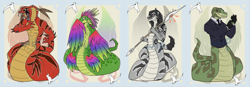 Size: 1024x356 | Tagged: oc needed, safe, artist:bluekite, artist:sky-railroad, oc, oc only, oc:james python, oc:marrow, ball python, cobra, feathered serpent, fictional species, python, rattlesnake, reptile, snake, timber rattlesnake, anthro, naga, prance card game, 2020, abstract background, card game, clothes, group, male, prance, snake tail, tail