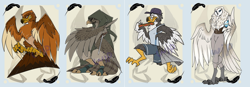 Size: 1024x356 | Tagged: oc needed, safe, artist:bluekite, artist:sky-railroad, oc, oc only, barn owl, bird, bird of prey, eagle, eurasian sparrowhawk, falcon, golden eagle, owl, peregrine falcon, anthro, prance card game, david bowie, tim curry, 2020, assassin, clothes, hood, male, orb, pizza, solo, solo male, tail