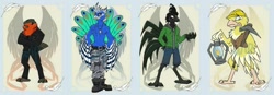 Size: 1024x356 | Tagged: oc needed, safe, artist:bluekite, artist:sky-railroad, oc, oc only, oc:rock, bird, canary, chicken, european robin, galliform, peafowl, robin, songbird, anthro, prance card game, 2020, ayam cemani, clothes, dog tag, group, male, miner, rooster, tail, this will end in death, topless