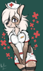 Size: 2408x4000 | Tagged: safe, artist:claudeartz, furbooru exclusive, oc, oc only, oc:adaline, cervid, deer, mammal, anthro, 2020, abstract background, clothes, female, hat, high res, legwear, looking at you, nurse outfit, phone, purple eyes, short tail, signature, solo, solo female, stockings, tail