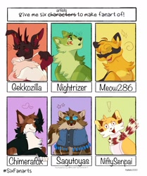 Size: 1280x1529 | Tagged: character needed, dead source, oc needed, species needed, safe, artist:phlowir, oc, oc only, cat, feline, mammal, feral, six fanarts, warrior cats, 2020, ambiguous gender, chest fluff, clothes, exclamation point, eyes closed, fluff, group, heart, scarf, smiling, starry eyes, wingding eyes