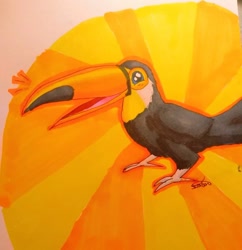 Size: 1080x1117 | Tagged: safe, artist:thisverybadartist, bird, toco toucan, toucan, feral, 2020, abstract background, ambiguous gender, beak, black eyes, featured image, happy, male, open beak, signature, solo, solo ambiguous, solo male, tail, traditional art