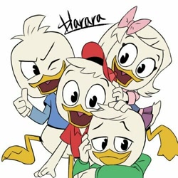 Size: 500x500 | Tagged: safe, artist:harara, dewey duck (disney), huey duck (disney), louie duck (disney), webby vanderquack (ducktales), bird, duck, waterfowl, anthro, disney, ducktales, ducktales (2017), mickey and friends, 1:1, 2018, beak, black eyes, bow, clothes, female, group, hat, looking at you, low res, male, on model, one eye closed, open beak, open mouth, open smile, signature, simple background, smiling, thumbs up, white background, winking