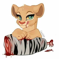 Size: 512x512 | Tagged: dead source, safe, artist:gut_cakee, nala (the lion king), big cat, equine, feline, lion, mammal, zebra, feral, disney, the lion king, 1:1, blood, carnivore, colored sclera, female, food chain, licking lips, lioness, meat, paws, prey, scientifically accurate, semi-grimdark, signature, simple background, solo, solo female, teal eyes, the circle of life, tongue, tongue out, white background