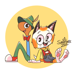 Size: 900x900 | Tagged: safe, artist:sandforte, huckle cat (richard scarry), lowly worm (richard scarry), annelid, cat, earthworm, feline, mammal, worm, anthro, the busy world of richard scarry, 2019, 3 toes, 4 fingers, black eyes, bow, clothes, duo, duo male, hat, looking at you, male, males only, open mouth, open smile, reclining, signature, smiling, tail, tyrolean hat