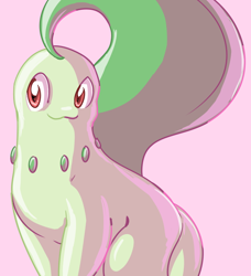 Size: 620x680 | Tagged: safe, artist:peegeray, chikorita, fictional species, feral, nintendo, pokémon, 2013, :3, ambiguous gender, leaf, pink background, red eyes, simple background, smiling, solo, solo ambiguous, starter pokémon, tail