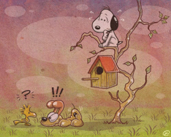 Size: 569x457 | Tagged: safe, artist:nikonah, odie (garfield), snoopy (peanuts), woodstock (peanuts), beagle, bird, canary, canine, dog, mammal, songbird, feral, semi-anthro, garfield (comic), peanuts (comic), !, 2016, ?, birdhouse, crossover, exclamation point, frowning, grass, group, male, paws, question mark, signature, smiling, sweat, tail, tree