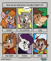 Size: 677x807 | Tagged: safe, alternate version, artist:martygato, basil (the great mouse detective), fievel mousekewitz (an american tail), gadget hackwrench (chip 'n dale: rescue rangers), li'l sneezer (tiny toon adventures), miss bianca (the rescuers), mrs. brisby (the secret of nimh), mammal, mouse, anthro, six fanarts, an american tail, chip 'n dale: rescue rangers, disney, sullivan bluth studios, the great mouse detective, the rescuers, the secret of nimh, tiny toon adventures, warner brothers, 2020, black eyes, blue eyes, clothes, colored, crossover, female, gadget hackwrench (chip 'n dale rescure rangers), group, male
