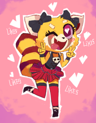 Size: 830x1060 | Tagged: safe, artist:nsfwaffle, retsuko (aggretsuko), mammal, red panda, anthro, aggretsuko, sanrio, abstract background, bottomwear, clothes, female, gesture, heart, heart eyes, love heart, one eye closed, open mouth, peace sign, ribbon, ringtail, skirt, skull, solo, solo female, tail, tongue, tongue out, wingding eyes