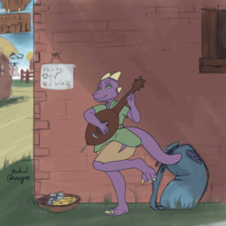 Size: 1000x1000 | Tagged: oc needed, safe, artist:radicalweegee, furbooru exclusive, oc, oc only, fictional species, kobold, reptile, anthro, 1:1, 2020, 2d, 2d animation, animated, bag, bard, busking, clothes, cute, dancing, eyes closed, female, frame by frame, gif, grass, horns, money, musical instrument, playing musical instrument, solo, solo female, tail