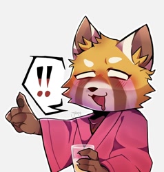 Size: 1034x1084 | Tagged: dead source, safe, artist:_j4my__, retsuko (aggretsuko), mammal, red panda, anthro, aggretsuko, sanrio, 2019, blushing, clothes, cup, ear fluff, exclamation point, female, fluff, open mouth, pointing, saliva, signature, simple background, solo, solo female, speech bubble, white background, white eyes
