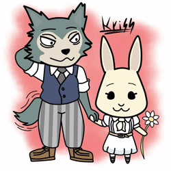 Size: 2048x2047 | Tagged: safe, artist:maidenrikku123, haru (beastars), legoshi (beastars), canine, lagomorph, mammal, rabbit, wolf, anthro, beastars, 2020, :3, abstract background, arms behind head, bags under eyes, clothes, dress, duo, female, flower, fluff, harushi (beastars), high res, holding, holding hands, male, male/female, necktie, shipping, signature, smiling, tail, tail wag