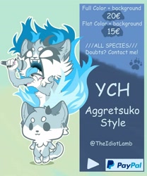 Size: 1080x1296 | Tagged: dead source, safe, artist:theidiotlamb, oc, oc only, canine, fox, mammal, anthro, digitigrade anthro, aggretsuko, sanrio, 2020, ambiguous gender, microphone, open mouth, sharp teeth, singing, solo, solo ambiguous, style emulation, tail, teeth, white eyes, ych